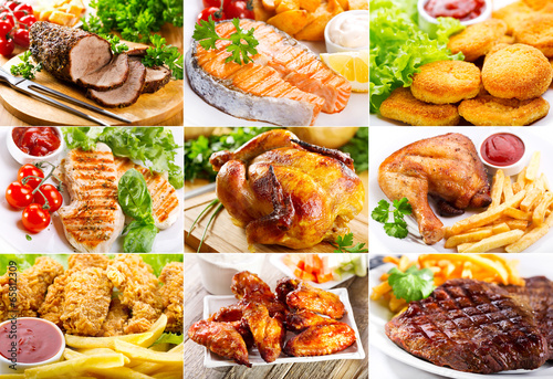 Photo: various meals with meat, fish and chicken various meals with meat, fish and chicken
