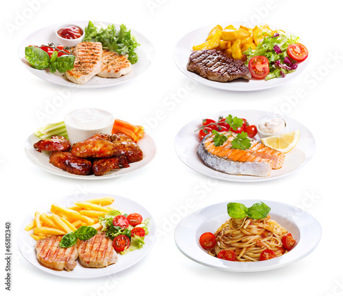 Photo: plates of various meat, fish and chicken plates of various meat, fish and chicken