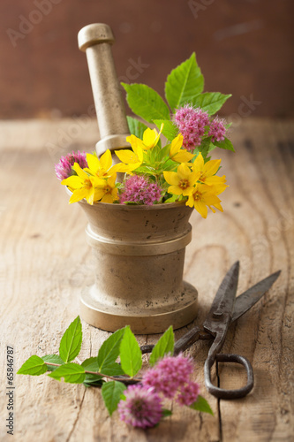 Photo: mortar with flowers and herbs mortar with flowers and herbs
