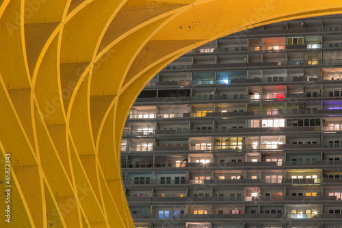 Photo: Vienna - Modern wooden arch and building at night Vienna - Modern wooden arch and building at night