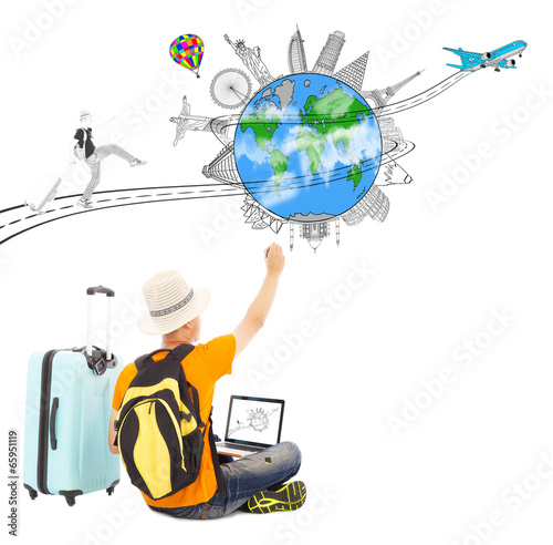 Photo: backpacker draw a travel trip planning backpacker draw a travel trip planning