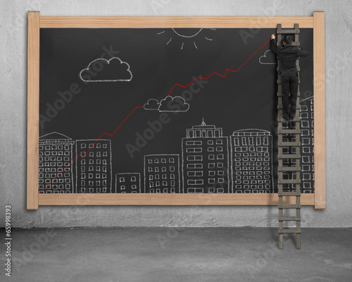 Photo: Businessman standing wooden ladder drawing Businessman standing wooden ladder drawing