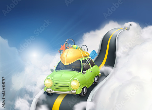 Vector: Traveling by car in the clouds, vector background Traveling by car in the clouds, vector background