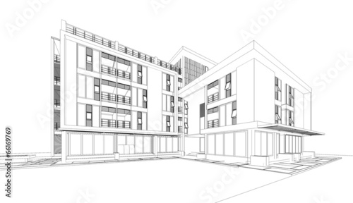Illustration: 3D wireframe of building 3D wireframe of building