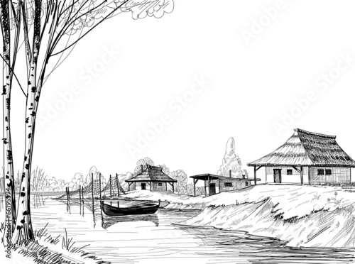 Fototapeta Fishing village sketch