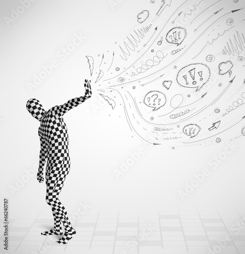 Photo: Guy in body suit morphsuit looking at sketches and doodles Guy in body suit morphsuit looking at sketches and doodles