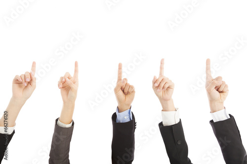 Photo: business people hands point upward together business people hands point upward together