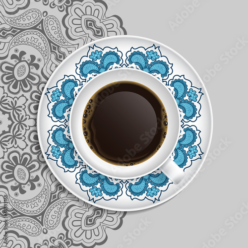 Vector: Cup of coffee and decorative ornament on a saucer and background Cup of coffee and decorative ornament on a saucer and background