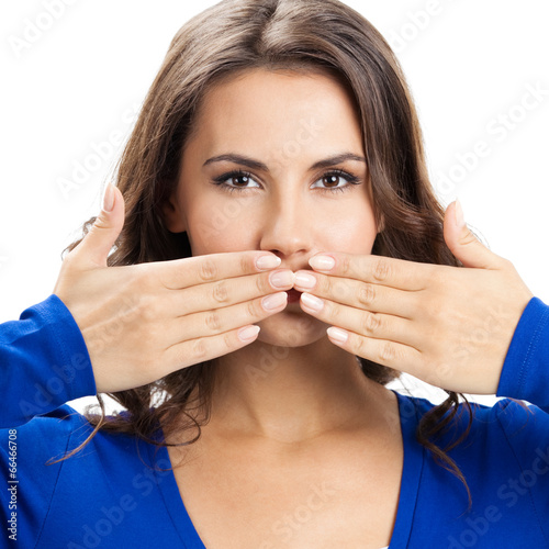 Photo: Young woman covering mouth, isolated Young woman covering mouth, isolated