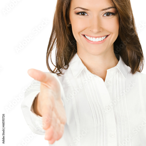 Photo: Businesswoman giving hand for handshake, isolated Businesswoman giving hand for handshake, isolated