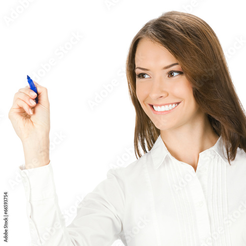 Photo: Business woman writing or drawing, isolated Business woman writing or drawing, isolated