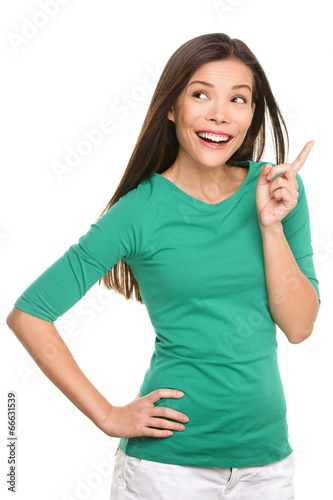 Photo: Woman thinking having idea - casual female eureka Woman thinking having idea - casual female eureka