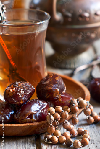Photo: Arabic tea, rosary and dates Arabic tea, rosary and dates