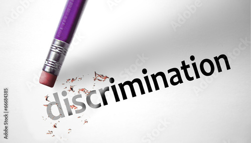 Illustration: Eraser deleting the word Discrimination Eraser deleting the word Discrimination