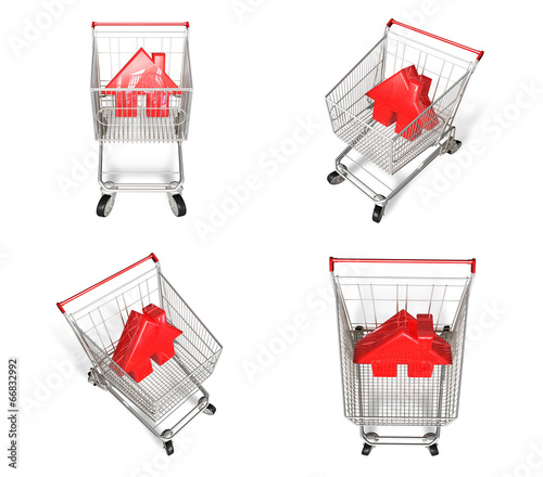 Illustration: 3D Shopping cart and house-shaped symbol icon. 3D Icon Design Se 3D Shopping cart and house-shaped symbol icon. 3D Icon Design Se