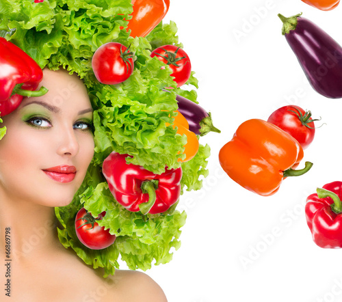Photo: Beauty girl with vegetables hairstyle. Dieting concept Beauty girl with vegetables hairstyle. Dieting concept