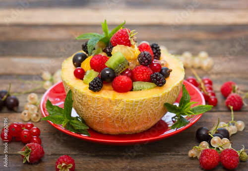 Fresh fruit salad in the melon