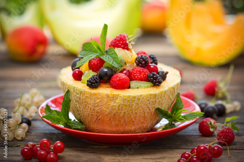 Fresh fruit salad in the melon