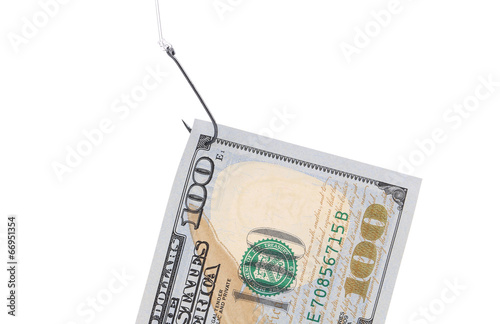 Photo: One hundred dollar bill on a hook. One hundred dollar bill on a hook.