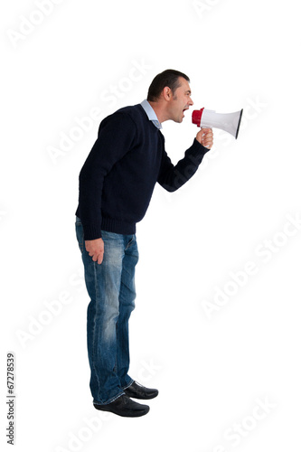 Photo: man with loudhailer isolated on white man with loudhailer isolated on white