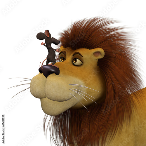 Illustration: Courage, 3d cartoon mouse with a lion Courage, 3d cartoon mouse with a lion