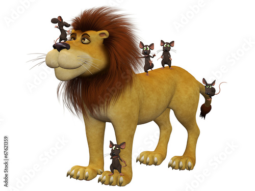 Illustration: Courage, 3d cartoon mice with a lion Courage, 3d cartoon mice with a lion