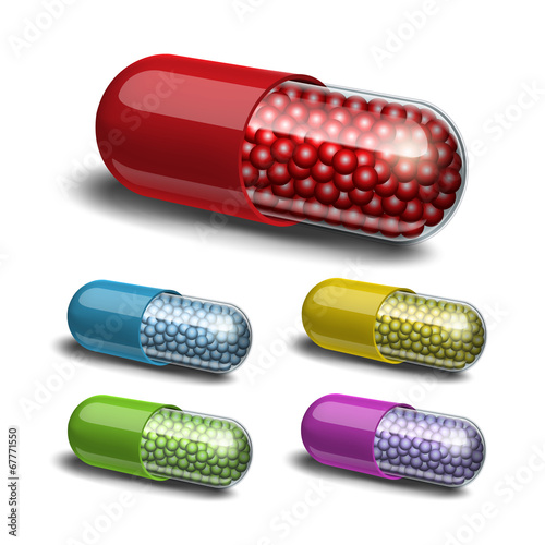 Vector: Set of medical capsule with granules Set of medical capsule with granules