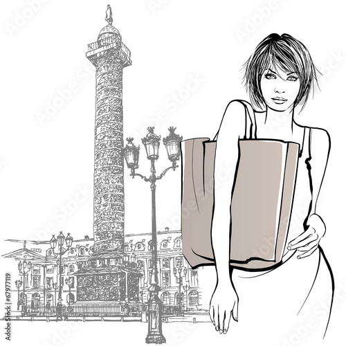 Vector: Young woman shopping in Paris Young woman shopping in Paris