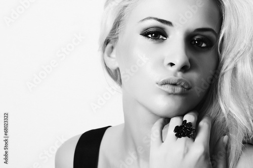 Photo: black and white beautiful blond woman. beauty girl.isolate black and white beautiful blond woman. beauty girl.isolate