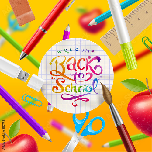 Vector: Back to school - illustration with lettering and stationery Back to school - illustration with lettering and stationery