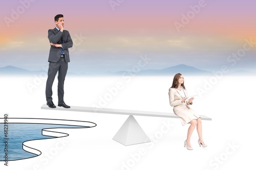 Photo: White scales weighing businessman and businesswoman White scales weighing businessman and businesswoman
