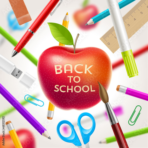 Vector: Back to school illustration - apple and stationery items Back to school illustration - apple and stationery items