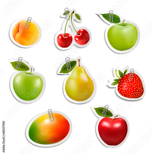 Vector: Set of flat fruit stickers with paper clips. Vector. Set of flat fruit stickers with paper clips. Vector.