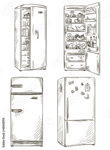 Vector: set of four hand drawn fridges. open fridge with healthy food. set of four hand drawn fridges. open fridge with healthy food.