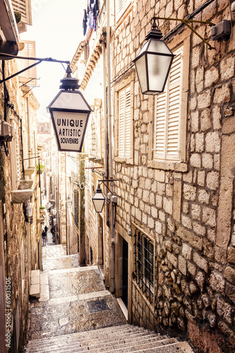 Fototapeta Steep stairs and narrow street in old town of Dubrovnik