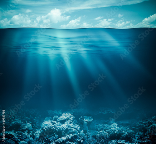 Fototapeta Underwater coral reef seabed and water surface with sky