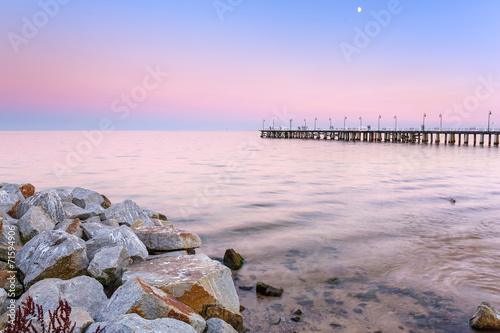 Baltic pier in Gdynia Orlowo at sunset, Poland