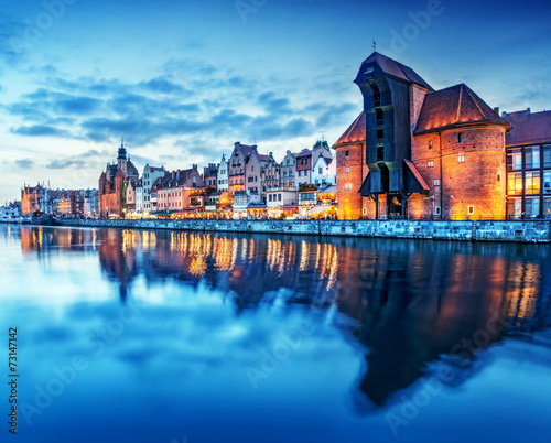 Fototapeta Gdansk, Poland old town, Motlawa river. Famous Zuraw crane