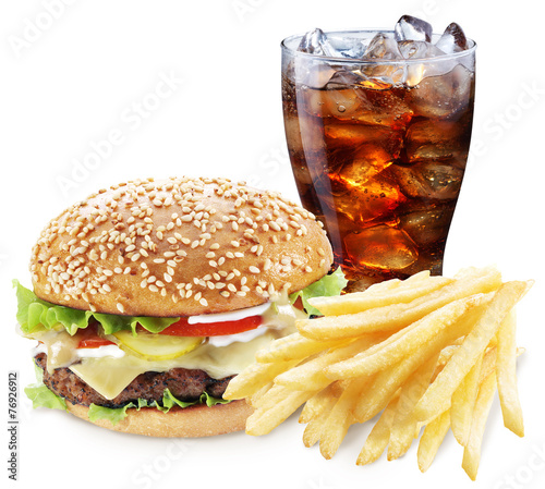 Hamburger, potato fries, cola drink. Takeaway food.