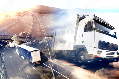 Fotoobraz na płótnie Streszczenie tle Ciężarówki i transport. Autostrady i dostawy.