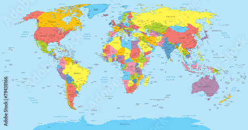 Fototapeta World map with countries, country and city names