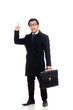 Young man holding suitcase isolated on white Young man holding suitcase isolated on white