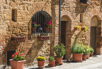 Beautiful colorful streets of the Tuscan town on a sunny day