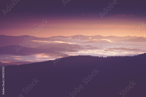 Beautiful foggy morning  in the mountains.