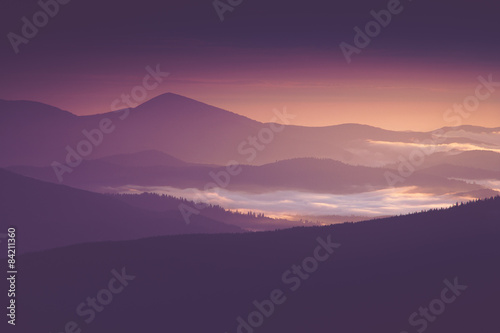 Beautiful foggy morning  in the mountains.