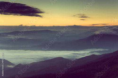 Beautiful foggy morning  in the mountains.