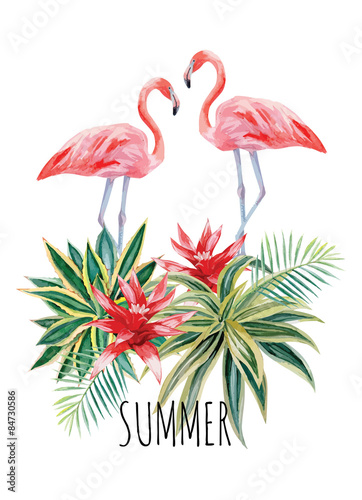 flamingo and tropical plants watercolor print