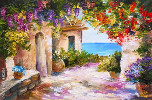 oil painting - house near the sea, colorful flowers, summer seascape © Fresh Stock