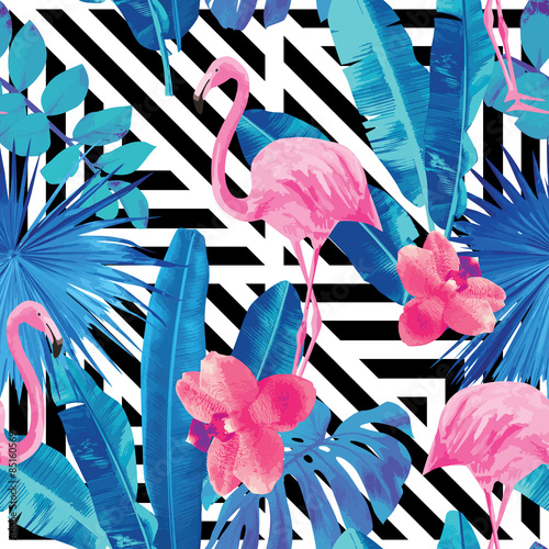 flamingo and orchids pattern, geometric background © berry2046