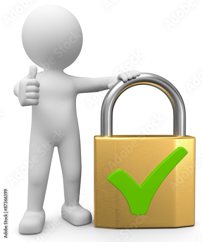 3d Männchen mit Schloss und grünem Haken